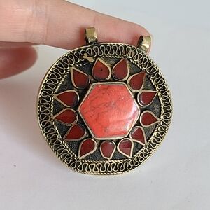 Vintage Boho Tribal Afghan Brass Silver Chunky Round Red Jasper Inlay Pendant